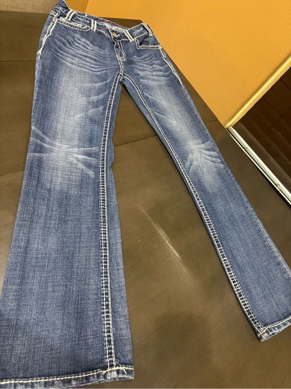 Rock & Roll Cowgirl Blue Boot Cut Jeans with Contrast Stitching